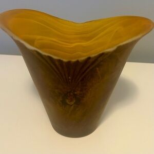 Vintage Italian Art Glass  Petite Vase Amber Olive Sculptural Rim  Made in Italy